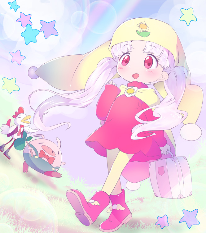 1girl araessa blush boots briefcase brooch cape commentary_request dot_nose dress full_body hat hatsuga_(oyayubi_itai2) holding holding_briefcase jester_cap jewelry long_hair long_sleeves open_mouth outdoors pantyhose parted_bangs pink_boots pink_dress pink_eyes princess_silver purple_hair rainbow smile sutonsuton tareme twintails yellow_cape yellow_hat yellow_pantyhose yume_no_crayon_oukoku