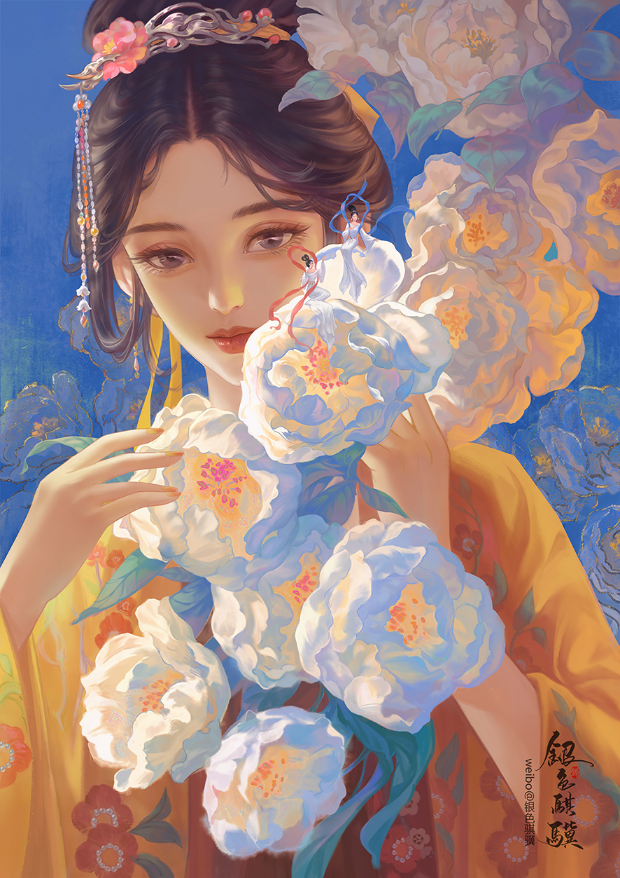 1girl blue_background blue_sky braid brown_eyes brown_hair camelia_print china_dress chinese_clothes chrysanthemum dress floral_background floral_print flower hair_bun hair_flower hair_ornament hairpin hanfu hazel_eyes highres long_hair looking_at_viewer original red_lips sky tagme upper_body yinse_qi_ji