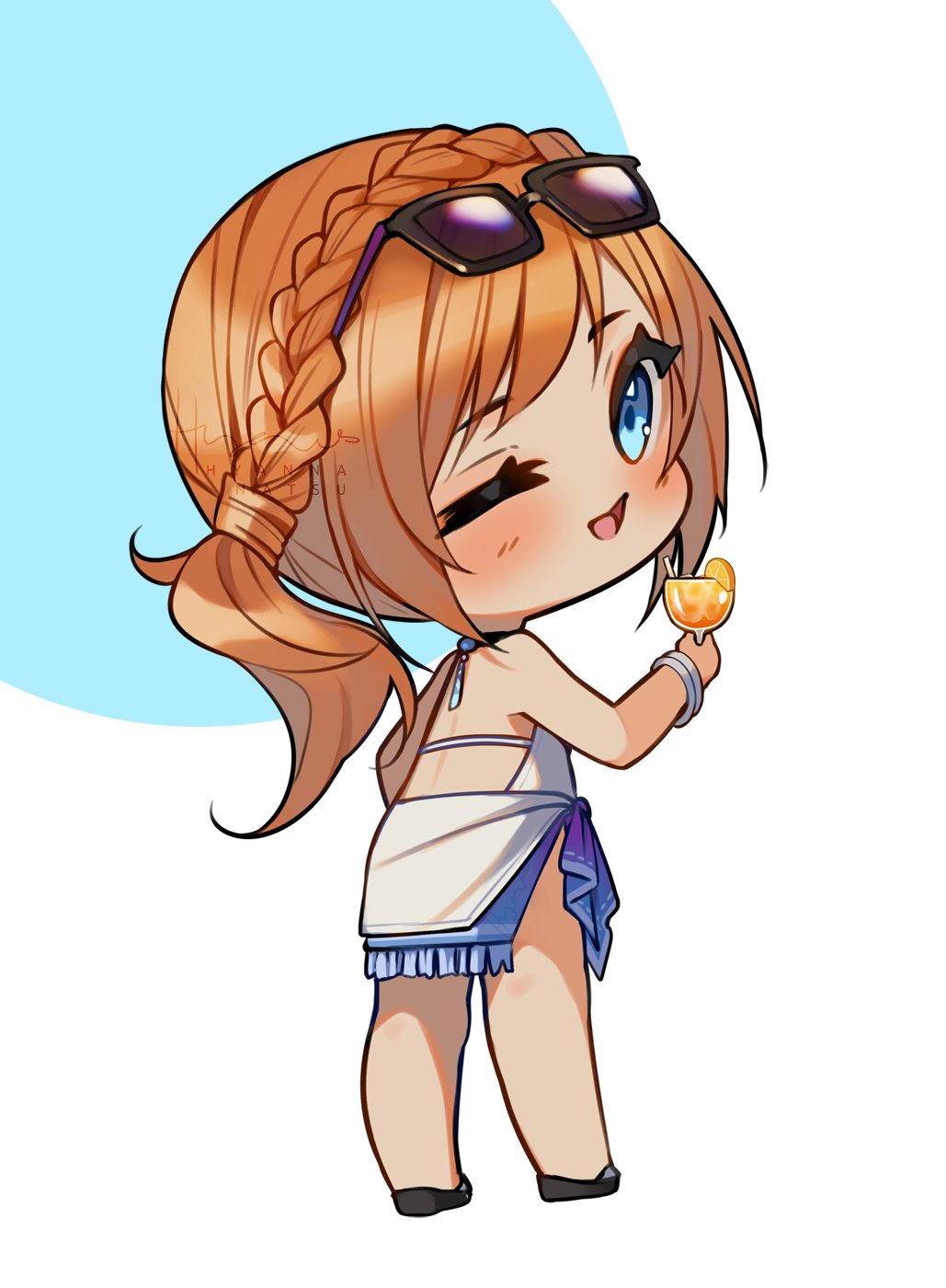 1girl artist_name backless_swimsuit bare_back bare_legs bare_shoulders black-framed_eyewear black_choker black_sandals blue_eyes blue_ribbon blush bracelet braid chibi choker circle cocktail cocktail_glass commentary crown_braid cup drink drinking_glass drinking_straw english_commentary eyelashes eyewear_on_head food fringe_trim fruit happy highres holding holding_drink hyanna-natsu ice ice_cube jewelry long_hair looking_at_viewer neck_tassel one-piece_swimsuit one_eye_closed open_mouth orange_(fruit) orange_hair orange_slice original ribbon ribbon-trimmed_ribbon sandals sarong side_ponytail smile solo standing sunglasses swimsuit tareme tassel watermark white_background white_one-piece_swimsuit white_sarong ych_commission