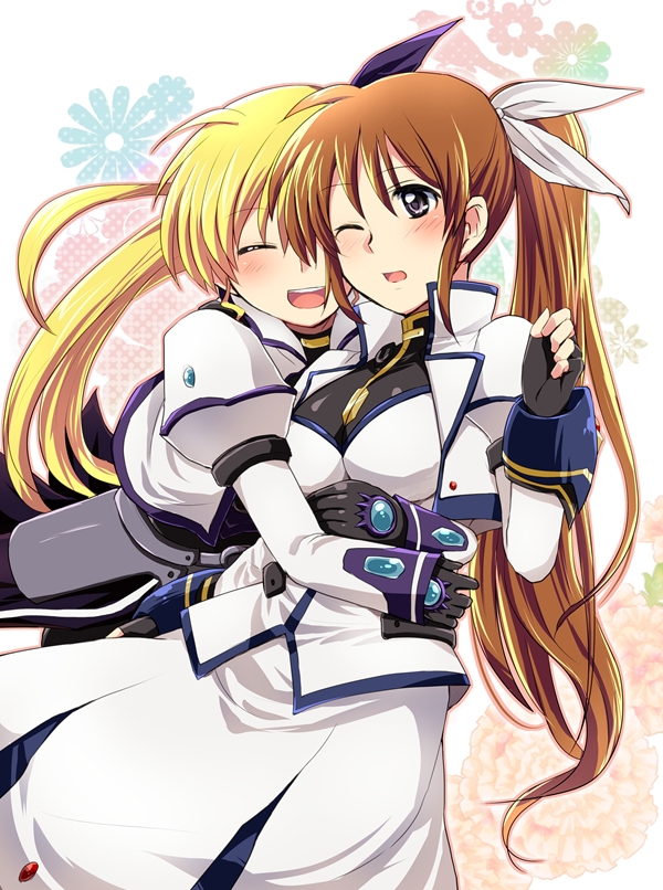 10s 2girls bad_id bad_pixiv_id bird blonde_hair blush breasts brown_hair closed_eyes fingerless_gloves flower gloves hair_ribbon hug long_hair long_sleeves lyrical_nanoha magical_girl mahou_shoujo_lyrical_nanoha_vivid multiple_girls nagashiro_rouge one_eye_closed open_mouth puffy_sleeves purple_eyes ribbon side_ponytail takamachi_nanoha takamachi_nanoha_(exceed_mode) teeth tmntlovemaou vivio wink