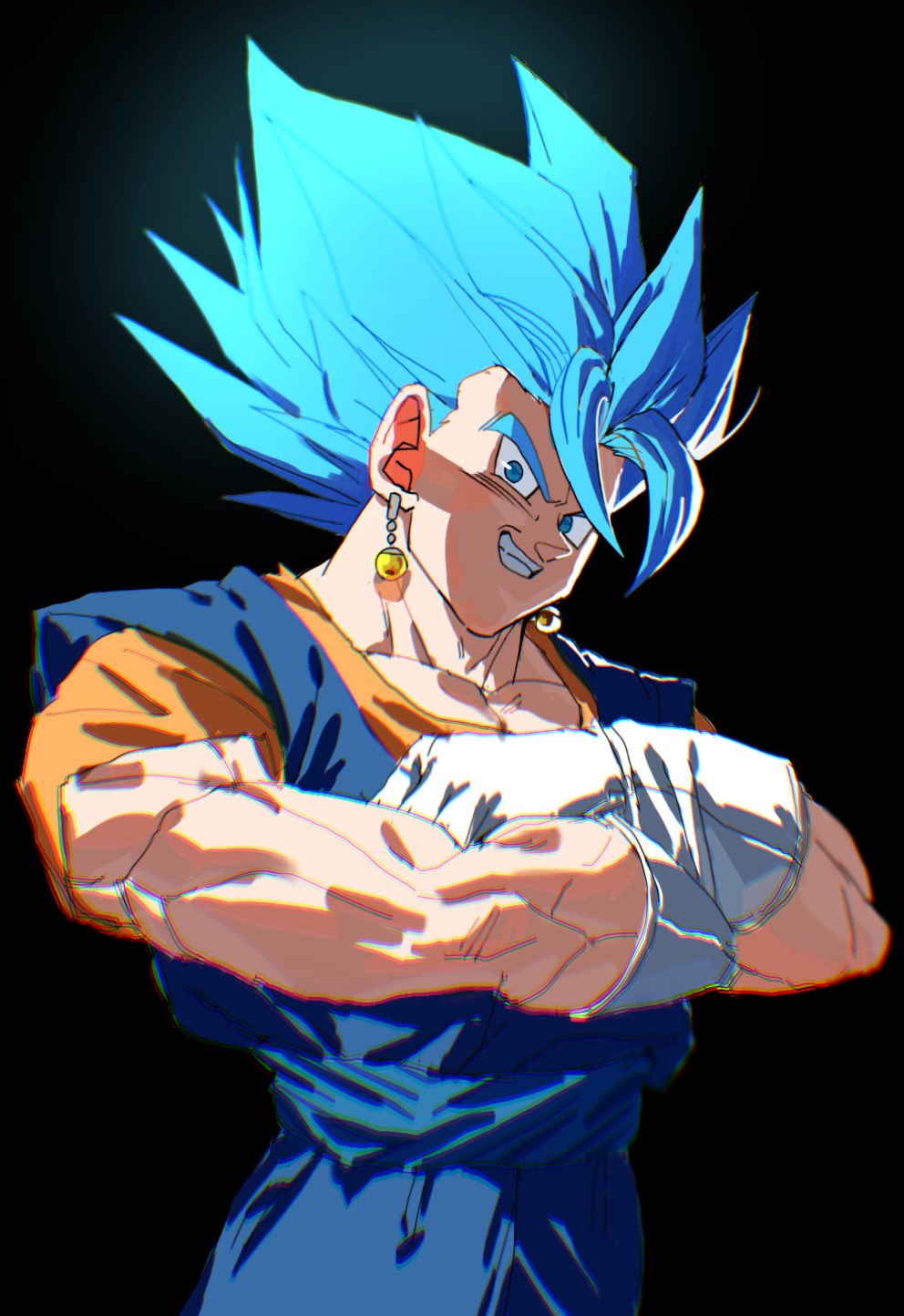 1boy black_background blue_eyes blue_hair blue_pants blue_sash blue_shirt cowboy_shot crossed_arms dragon_ball dragon_ball_super earrings gloves highres jewelry looking_at_viewer male_focus medium_hair muscular muscular_male orange_shirt pants parted_lips potara_earrings sash shirt simple_background smile smirk solo spiked_hair super_saiyan super_saiyan_blue tkht_9315 vegetto white_gloves
