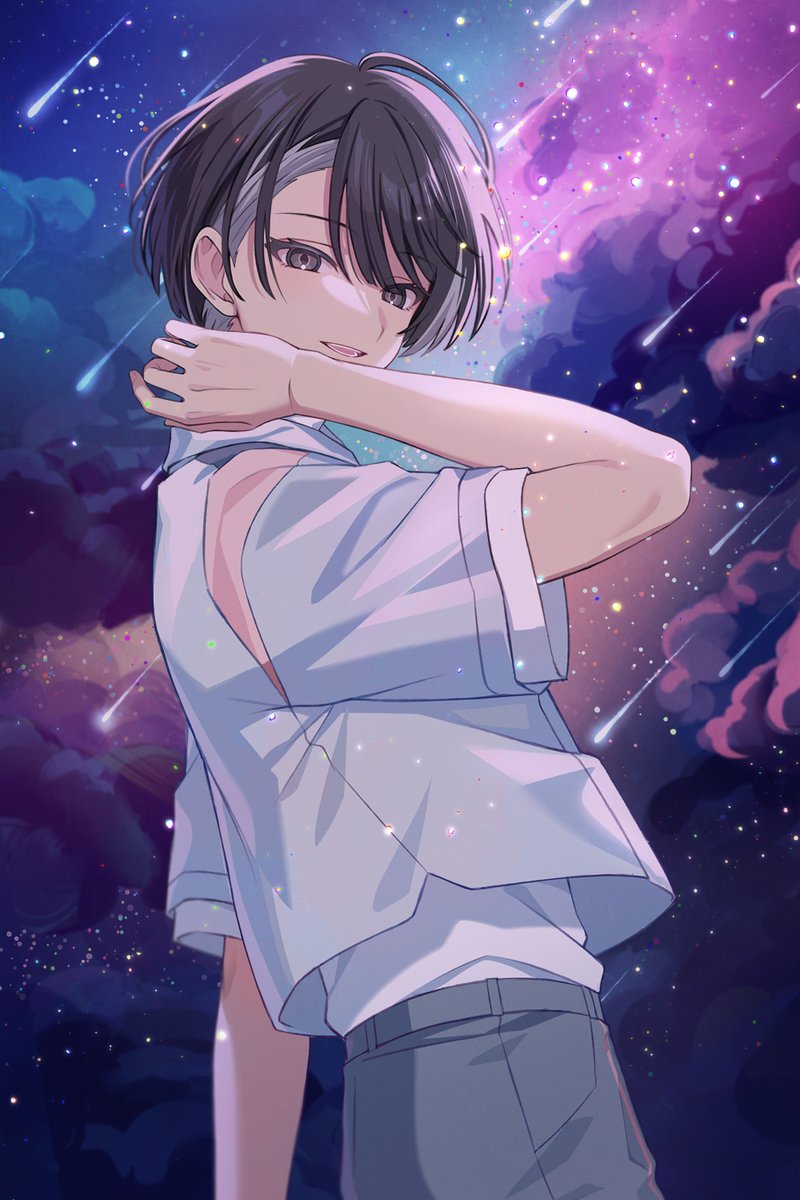 18trip 1boy bishounen black_hair cloud collared_shirt commentary cowboy_shot grey_eyes grey_pants hair_behind_ear hair_between_eyes hand_up highres kaguya_muneuji kn_(akairo0530) layered_clothes layered_sleeves looking_at_viewer male_focus multicolored_hair night night_sky open_mouth pants profile purple_clouds shirt shooting_star short_sleeves sky smile solo star_(sky) streaked_hair teeth undershirt upper_teeth_only white_shirt