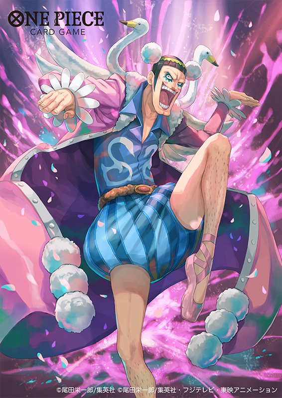 1boy arm_up belt bird bisaiiiii black_hair blue_shirt blue_shorts bon_clay coat collared_shirt commentary_request copyright_name leg_hair leg_up looking_at_viewer makeup male_focus official_art one_piece one_piece_card_game open_mouth outstretched_arms pink_coat pink_shoes shirt shoes short_hair shorts solo swan white_wings wings