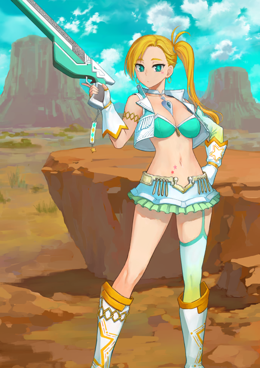 1girl asymmetrical_legwear asymmetrical_sleeves b_suke bangle blonde_hair blue_sky boots bra bracelet breasts calamity_jane_(fate) calamity_jane_(second_ascension)_(fate) cleavage closed_mouth cloud contrapposto cowgirl_(western) cropped_vest desert detached_sleeves earrings expressionless facial_mark fate/grand_order fate_(series) feet_out_of_frame fingerless_gloves frilled_skirt frills fringe_trim game_cg garter_straps gloves gold_earrings green_bra green_eyes green_sleeves green_thighhighs gun hair_tie hand_on_own_hip hand_up high_side_ponytail holding holding_gun holding_weapon hoop_earrings jewelry lapels legs_apart long_hair looking_at_viewer medium_breasts miniskirt narrow_waist navel official_art open_clothes open_vest silver_choker single_detached_sleeve single_garter_strap single_thighhigh skirt sky solo standing star_(symbol) star_facial_mark star_tattoo stomach stomach_tattoo strapless strapless_bra tattoo thighhighs third-party_source trigger_discipline underwear variant_set vest weapon weapon_request white_boots white_gloves white_skirt white_vest