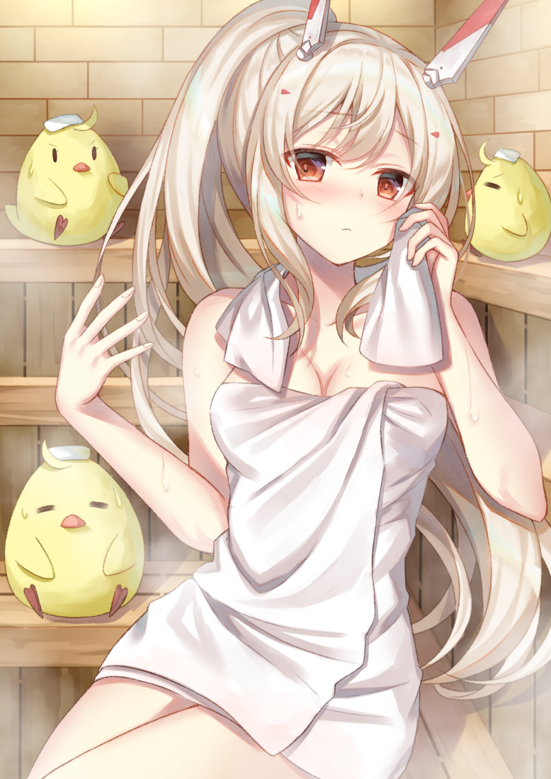1girl ayanami_(azur_lane) ayanami_(retrofit)_(azur_lane) azur_lane baby_animal bare_shoulders bench bird blush breasts chick cleavage collarbone commentary_request hair_ornament hairclip head_tilt long_hair looking_at_viewer manjuu_(azur_lane) naked_towel onsen orange_eyes ponytail retrofit_(azur_lane) sidelocks silver_hair sitting steam sugisaki_yuu sweat towel towel_around_neck wooden_bench