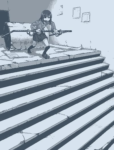 1girl attempted_suicide blazer cuffs hamsterfragment handcuffs jacket jaggy_lines loafers long_sleeves medium_hair monochrome open_mouth original over-kneehighs paper pleated_skirt school_uniform shoes skirt solo stairs steamroller suicidal_girl_(hamsterfragment) thighhighs walking