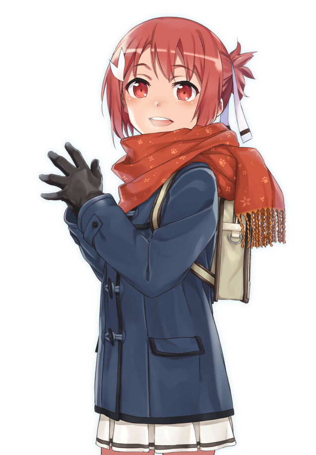 1girl bag black_gloves coat female_focus gloves own_hands_together red_eyes red_hair scarf school_bag shikou_sakugo_(qqap9gt9k) skirt solo white_background winter_clothes winter_coat yuuki_yuuna yuuki_yuuna_wa_yuusha_de_aru yuusha_de_aru