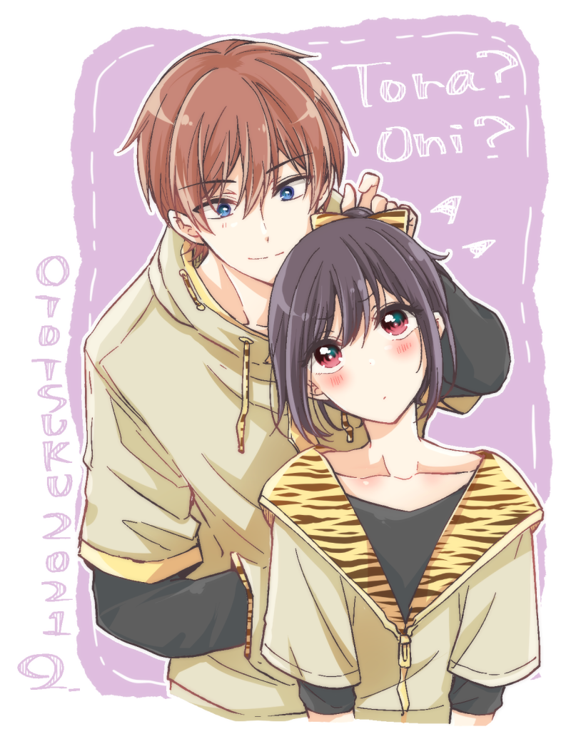2021 2boys animal_print banjou_azusa black_hair black_shirt blue_eyes blush bow brown_hair closed_mouth crossdressing hair_between_eyes hair_bow hood hoodie jacket koisuru_(otome)_no_tsukurikata long_sleeves looking_at_another male_focus midou_kenshirou hiura_mihate multiple_boys pink_eyes ponytail shirt short_hair short_sleeves simple_background smile tiger_print trap