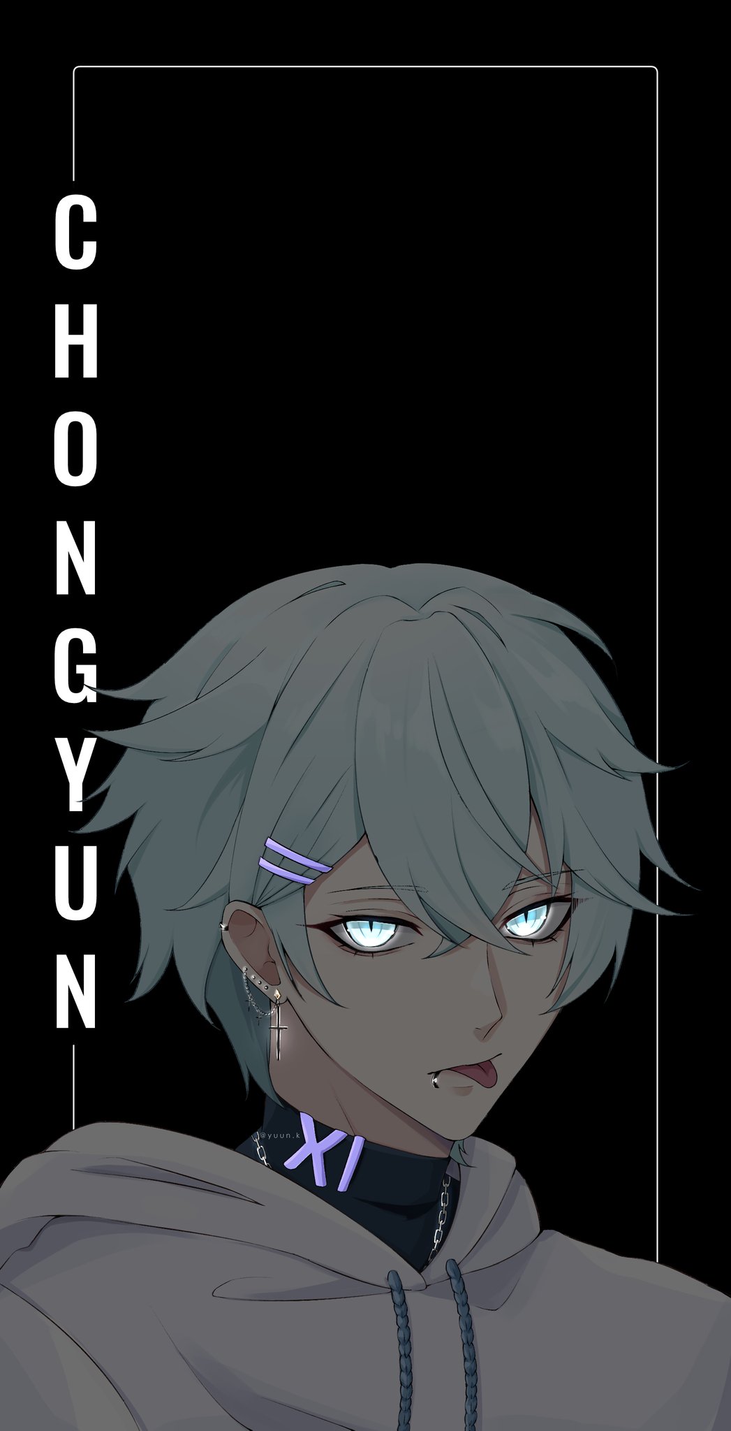 1boy :p black_background black_shirt border chain chain_necklace chongyun_(genshin_impact) commentary cross cross_earrings ear_piercing earrings english_commentary english_text genshin_impact glowing glowing_earrings glowing_eyes glowing_jewelry green_eyes green_hair hair_between_eyes hair_ornament hairclip highres hood hoodie jewelry looking_at_viewer male_focus mouth_piercing necklace piercing portrait shirt short_hair simple_background single_earring slit_pupils solo tongue tongue_out turtleneck twitter_username white_border white_hoodie yuun_ko
