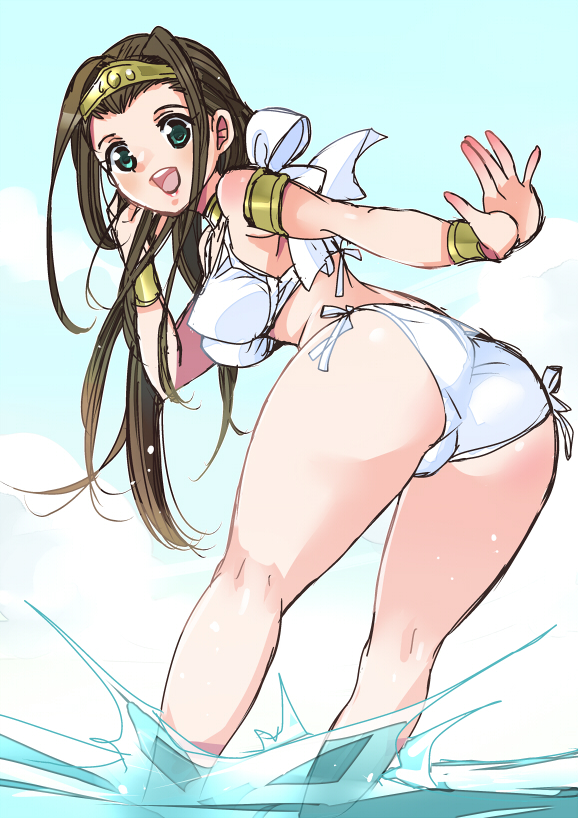 1girl bikini brown_hair dragon_quest dragon_quest_viii green_eyes looking_at_viewer medea_(dq8) solo swimsuit white_bikini