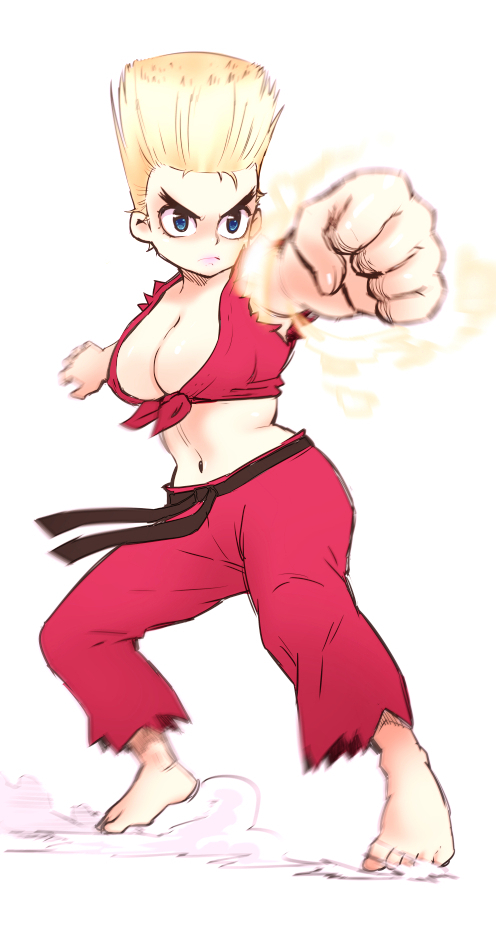 1girl barefoot blonde_hair blue_eyes breasts charlse673 cleavage clenched_hand eyebrows female_focus flattop front-tie_top genderswap genderswap_(mtf) medium_breasts midriff motion_blur navel paul_phoenix punching sleeveless solo tekken thick_eyebrows