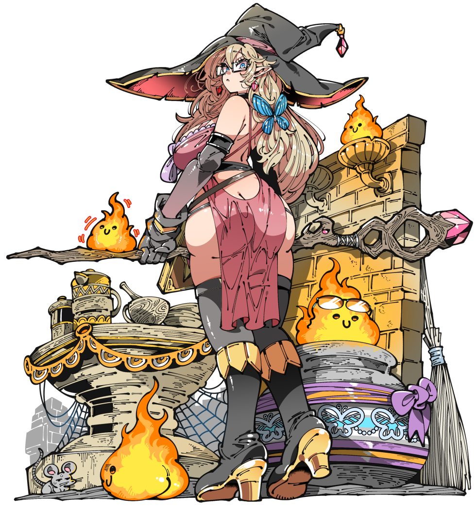 1girl 4others alchemist alchemy ass bare_shoulders black_footwear black_gloves black_legwear blonde_hair blue_eyes book boots bow bowtie breasts brick_wall broom bug butt_crack butterfly cauldron chemistry chemistry_set commentary commission crystal detached_sleeves earrings english_commentary eyewear_on_head fire from_behind gem gloves hat high_heels holding holding_staff insect jewelry kafun large_breasts long_hair looking_back mouse_(animal) multiple_others original personification science silk simple_background skeb_commission spider_web staff standing table tachikawa_yoru_(dragoaman) teapot thick_thighs thighs torch white_background witch witch_hat