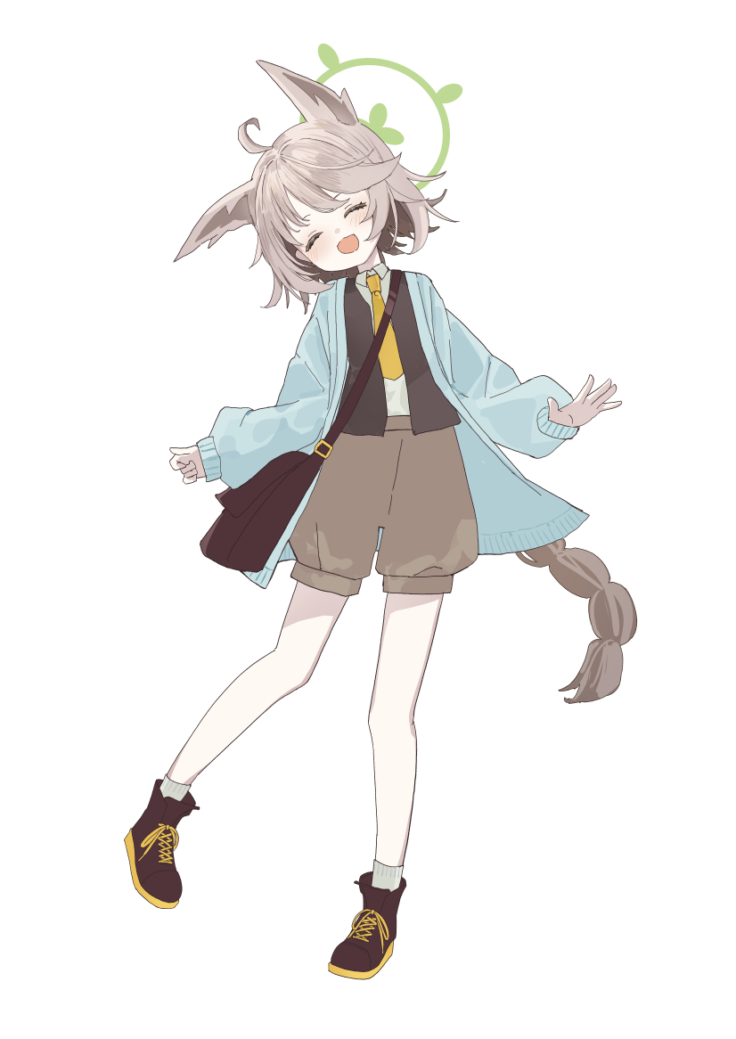 animal_ears blue_archive blue_cardigan blush brown_hair brown_shorts cardigan closed_eyes collared_shirt fox_ears fox_girl green_halo halo high_tops inaba_reito long_braid necktie open_mouth otogi_(blue_archive) shirt shoes shorts simple_background sneakers vest yellow_necktie