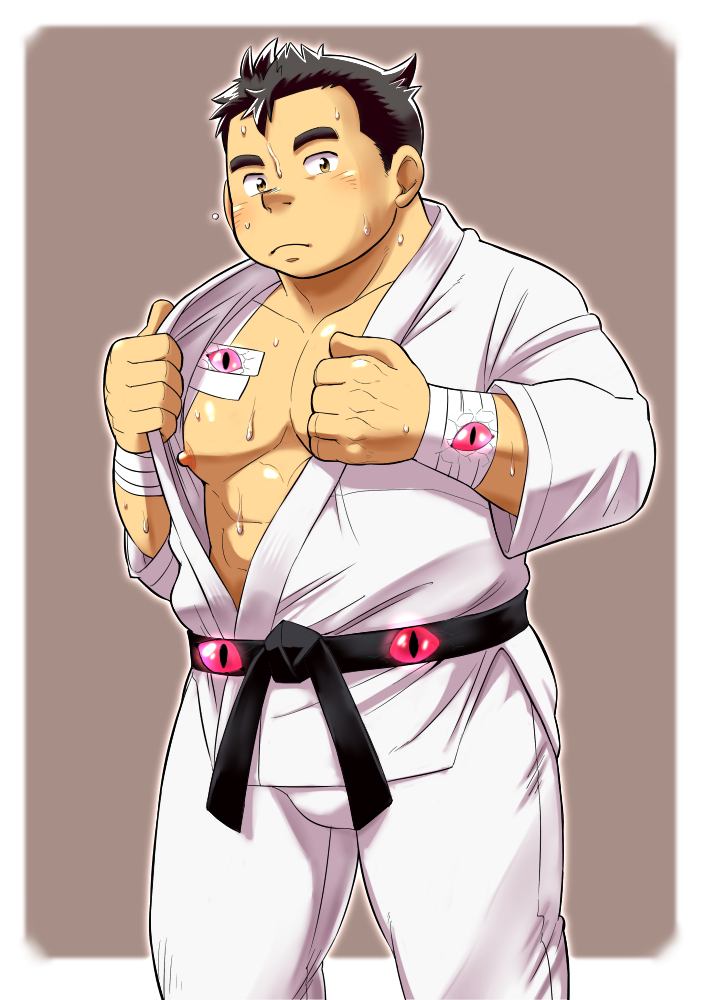 1boy abs bandaged_arm bandages bara belt black_belt black_hair border brown_background brown_eyes closed_mouth cowboy_shot dougi ei_(marutendon) glowing glowing_eyes karate_gi kushinada_jugo large_pectorals looking_at_viewer male_focus martial_arts_belt muscular muscular_male nipples outside_border pectorals short_hair simple_background solo standing sweat thick_eyebrows tokyo_houkago_summoners white_border