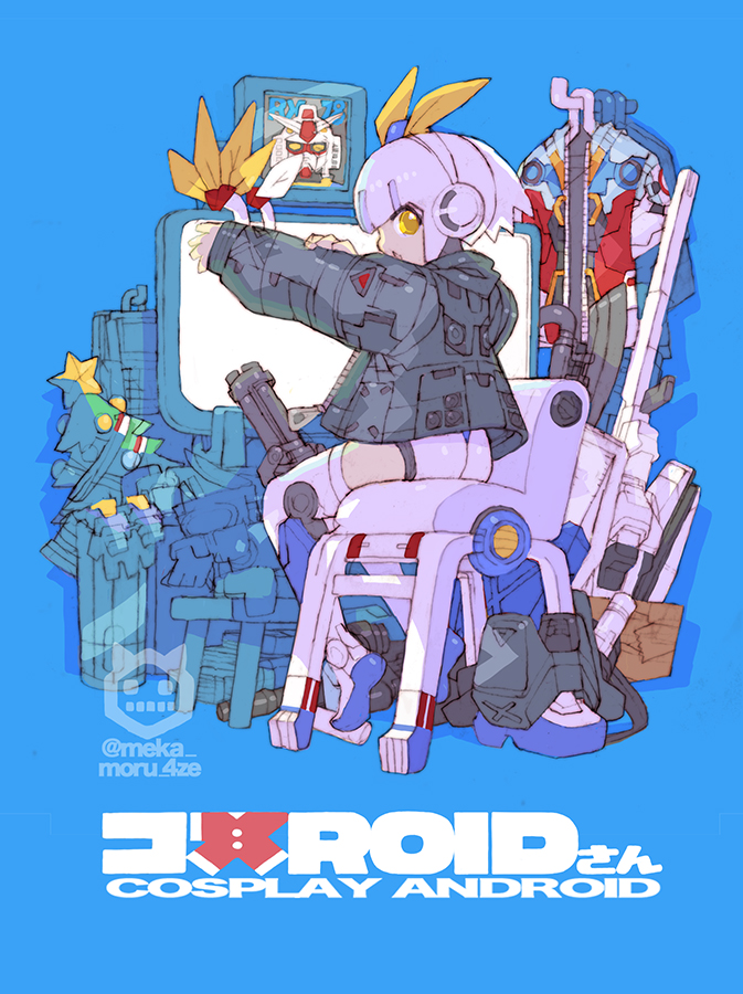 1girl android backpack bag ball_(gundam) bare_shoulders beam_rifle black_jacket blue_background chair clothes_hanger dress energy_gun english_text full_body grey_bag grey_dress gundam jacket joints looking_at_viewer mecha mobile_suit mobile_suit_gundam monitor nakayama_tooru on_chair portrait print_thighhighs robot robot_girl robot_joints rx-78-2_gundam science_fiction shield short_hair single_thighhigh sitting sleeveless sleeveless_dress solo thighhighs v-fin weapon white_hair white_thighhighs yellow_eyes