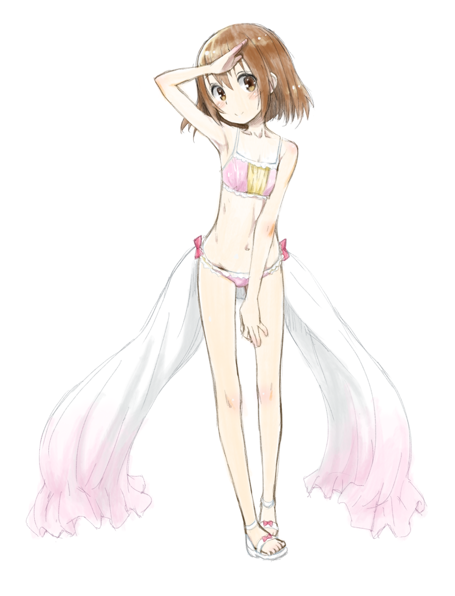 10s 1girl arm_up armpits bare_legs bare_shoulders bikini blush bra brown_eyes brown_hair collarbone female_focus frilled_bikini frilled_bra frilled_panties frills full_body hanami_yuzuka highres kokekokko_coma legs looking_at_viewer mahou_shoujo_nante_mou_ii_desukara. navel panties pink_bikini pink_bra pink_panties sandals short_hair showgirl_skirt side-tie_bikini_bottom side-tie_panties simple_background smile solo standing swimsuit underwear underwear_only white_background