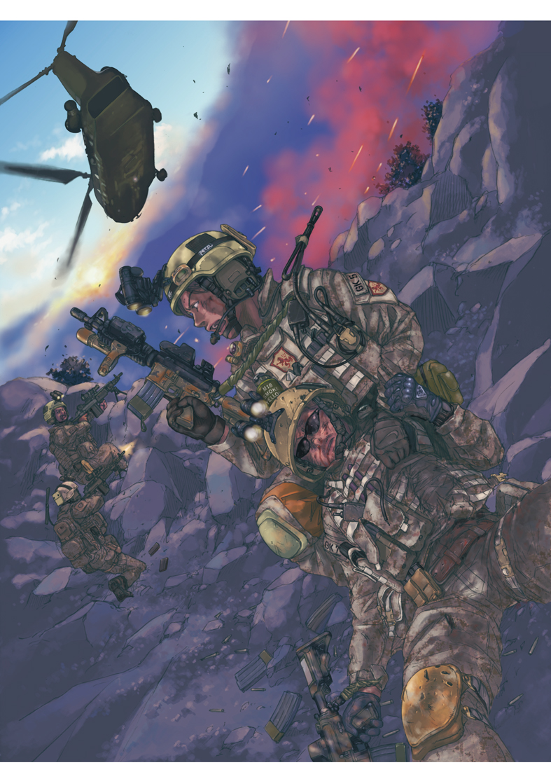 afghanistan aircraft assault_rifle battle boeing boeing_defense,_space_&amp;_security ch-47_chinook firing glasses gun helicopter helmet humi_(jun-shu) kneeling military rifle scope smoke smoke_grenade soldier sunglasses weapon