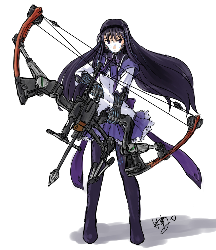 10s 1girl akemi_homura akemi_homura_(magical_girl) armor black-yuzunyan bow bow_(weapon) crysis crysis_3 female_focus mahou_shoujo_madoka_magica mahou_shoujo_madoka_magica_(anime) pantyhose power_armor solo weapon white_background