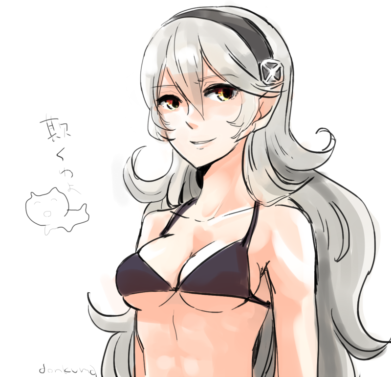 1girl alternate_costume bikini black_bikini breasts cleavage female_corrin_(fire_emblem) donkuma_kakusei fire_emblem fire_emblem_fates grey_hair hair_between_eyes hairband looking_at_viewer medium_breasts nintendo sideboob smile solo swimsuit underboob upper_body