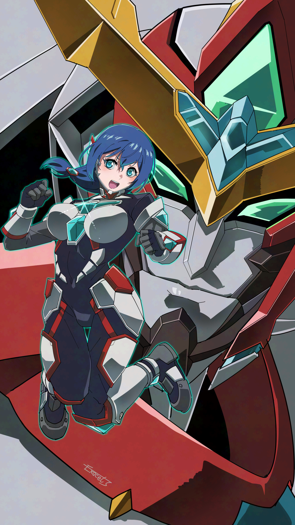 1girl blue_eyes blush bodysuit bow bravern closed_mouth crossover exocet_(exocet4) green_eyes hair_bow highres long_hair looking_at_viewer mecha mecha_pilot_suit open_mouth purple_hair robot science_fiction senno_inori senno_inori_project smile super_robot teeth v-fin virtual_youtuber yuuki_bakuhatsu_bang_bravern