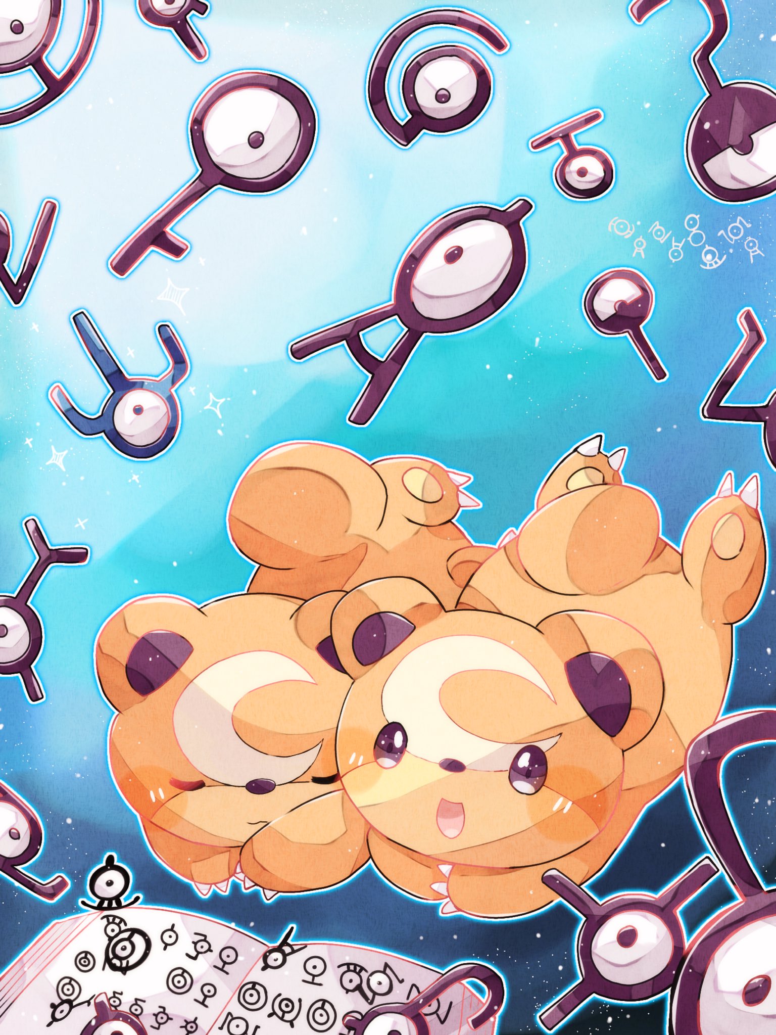 :d animal_focus artist_name blue_background book brown_fur claws closed_eyes commentary_request gen_2_pokemon hanabusaoekaki highres lying nintendo no_humans on_stomach open_mouth pokemon pokemon_(creature) smile solid_oval_eyes sparkle teddiursa unown unown_! unown_? unown_a unown_b unown_c unown_d unown_e unown_g unown_h unown_n unown_o unown_q unown_s unown_t unown_u unown_w unown_x unown_y unownglyphics