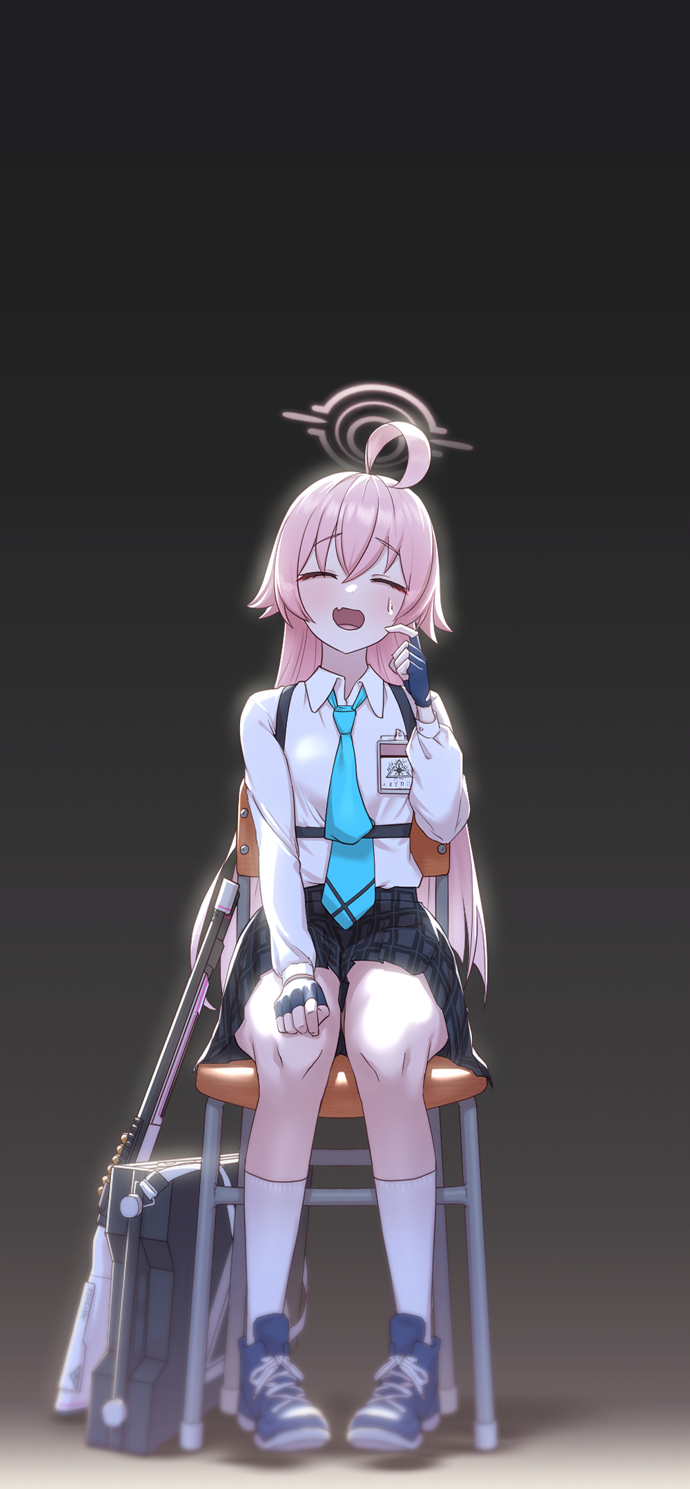 1girl ^_^ ahoge aqua_necktie beretta_1301 black_gloves black_skirt blue_archive blue_shoes blush chair chest_harness closed_eyes commentary_request facing_viewer fang fingerless_gloves full_body gloves hair_flaps halo harness highres hoshino_(blue_archive) id_card long_hair necktie on_chair partial_commentary pink_hair plaid_clothes plaid_skirt red_machine school_chair school_uniform scratching_cheek shirt shoes sitting skin_fang skirt smile sneakers socks solo straight_hair sweatdrop very_long_hair white_shirt white_socks