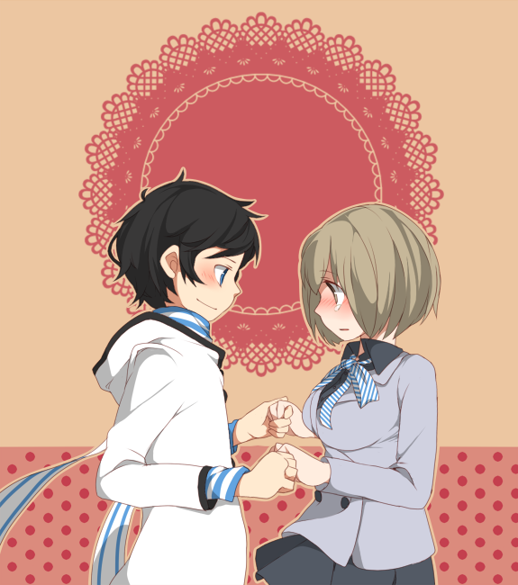 10s 1boy 1girl black_hair blue_eyes blush bow bowtie brown_eyes brown_hair couple devil_survivor_(series) devil_survivor_2 eye_contact formal_clothes hatoko hetero holding_hands kuze_hibiki looking_at_another megami_tensei nitta_io protagonist_(devil_survivor_2) scarf shin_megami_tensei skirt skirt_suit smile suit tears yahata_hato