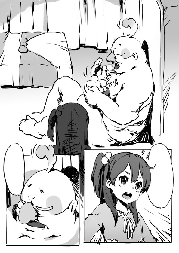 1girl clothed_female_nude_male clown comic dera_mochimazzui eating hjl kitashirakawa_anko monochrome nude simple_background size_difference tagme tamako_market white_background