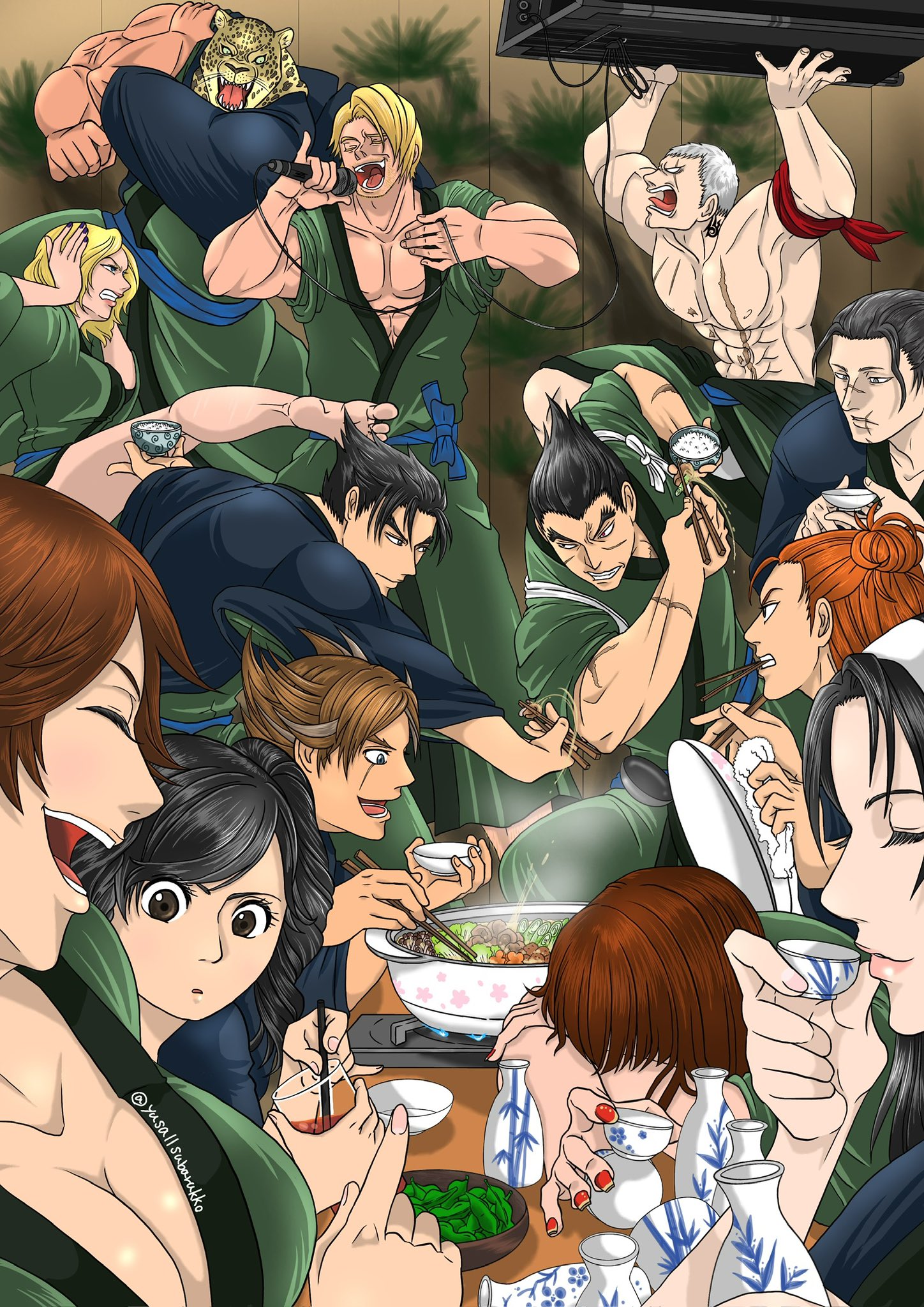 anna_williams black_hair blonde_hair blue_eyes breasts brown_eyes brown_hair bryan_fury cleavage closed_eyes collarbone highres hwoarang_(tekken) japanese_clothes kazama_asuka kazama_jin kazama_jun king_(tekken) large_breasts lars_alexandersson ling_xiaoyu mishima_kazuya nail_polish namco nina_williams open_mouth paul_phoenix sergei_dragunov smile tekken