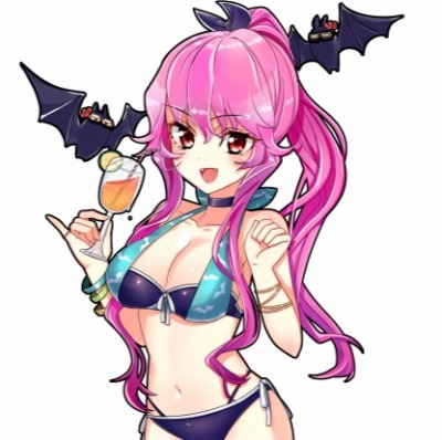 bat_(animal) bat_wings bikini cup drinking_glass lowres pink_hair red_eyes smile swimsuit vampire vivid_army wings