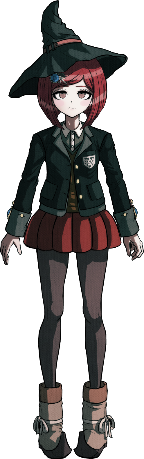 1girl arms_at_sides black_hat black_jacket blazer blue_gemstone blush bob_cut boots brown_boots brown_eyes brown_pantyhose brown_vest closed_mouth collared_jacket collared_shirt danganronpa_(series) danganronpa_v3:_killing_harmony footwear_ribbon full_body gem gem_hair_ornament grey_shirt grey_sleeve_cuffs hair_ornament hairclip hat hat_belt highres insignia jacket komatsuzaki_rui layered_clothes looking_at_viewer miniskirt official_art open_clothes open_jacket pantyhose pleated_skirt pointy_footwear red_hair red_skirt ribbon ringed_eyes school_uniform shirt short_hair skirt solo standing third-party_source transparent_background vest white_ribbon wing_collar witch_hat yumeno_himiko