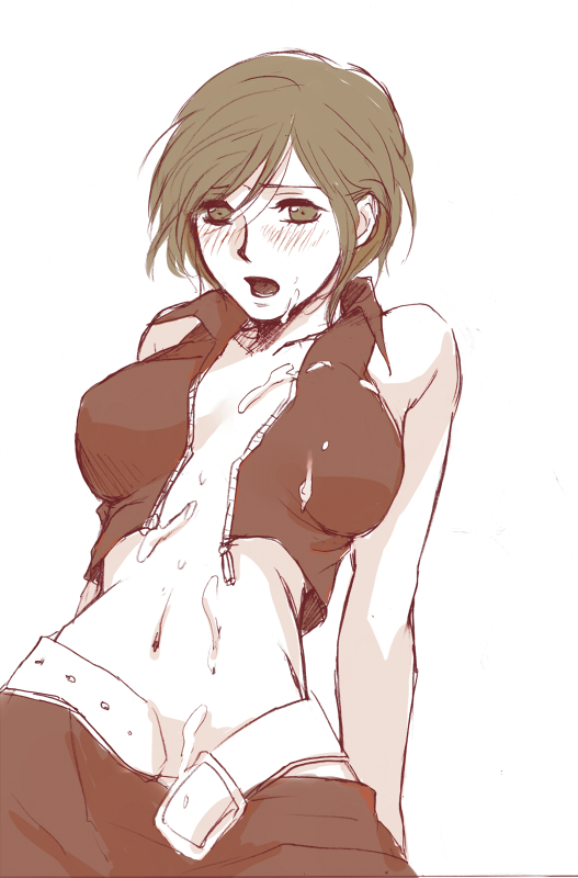 1girl blush breasts brown_eyes brown_hair cum female_focus large_breasts meiko_(vocaloid) monochrome short_hair solo toyu vocaloid