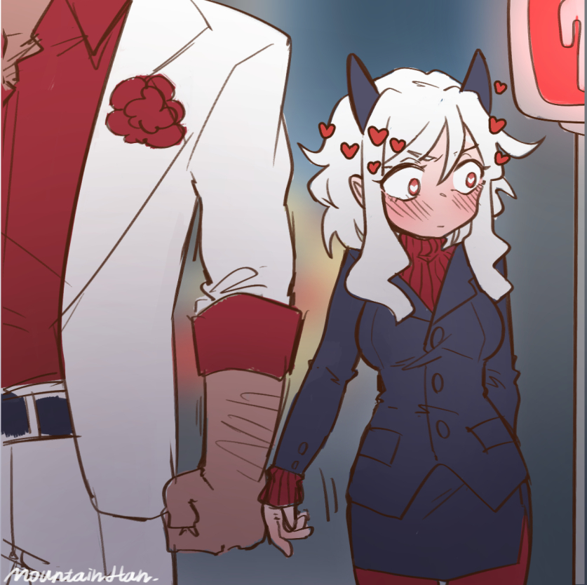 1boy 1girl black_horns black_suit blush breasts commentary demon_girl demon_horns demon_tail formal_clothes heart heart-shaped_pupils helltaker helltaker_(character) hetero horns long_sleeves medium_hair modeus_(helltaker) mountain_han pantyhose pedestrian_lights red_eyes red_sweater shirt sleeves_past_wrists solo_focus suit sweater symbol-shaped_pupils tail turtleneck white_hair