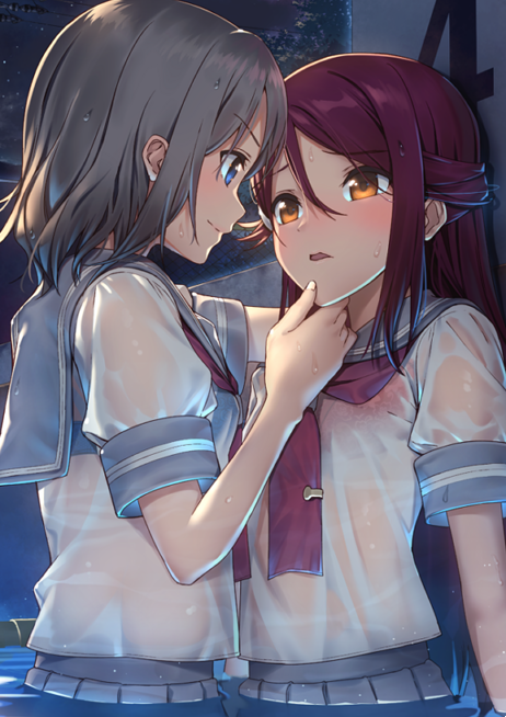 2girls blue_bra blue_eyes blush bra bra_visible_through_clothes commentary_request grey_hair hair_ornament hairclip half_updo hand_on_another&#039;s_chin long_hair love_live! love_live!_sunshine!! multiple_girls nagareboshi night night_sky pink_bra pool red_hair sakurauchi_riko school_uniform see-through_clothes short_hair sky underwear upper_body uranohoshi_school_uniform watanabe_you wet wet_clothes yellow_eyes yuri
