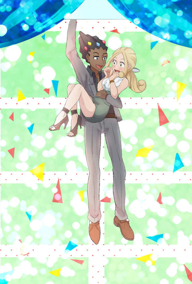 1boy 1girl black_hair blonde_hair blush brown_shoes carrying carrying_person confetti creatures_(company) dark-skinned_male dark_skin full_body game_freak gem_hair_ornament grant_(pokemon) green_skirt grey_eyes hanging hetero high_heels iricorn looking_at_another nintendo open_mouth pokemon pokemon_(anime) pokemon_xy_(anime) shoes skirt smile viola_(pokemon)