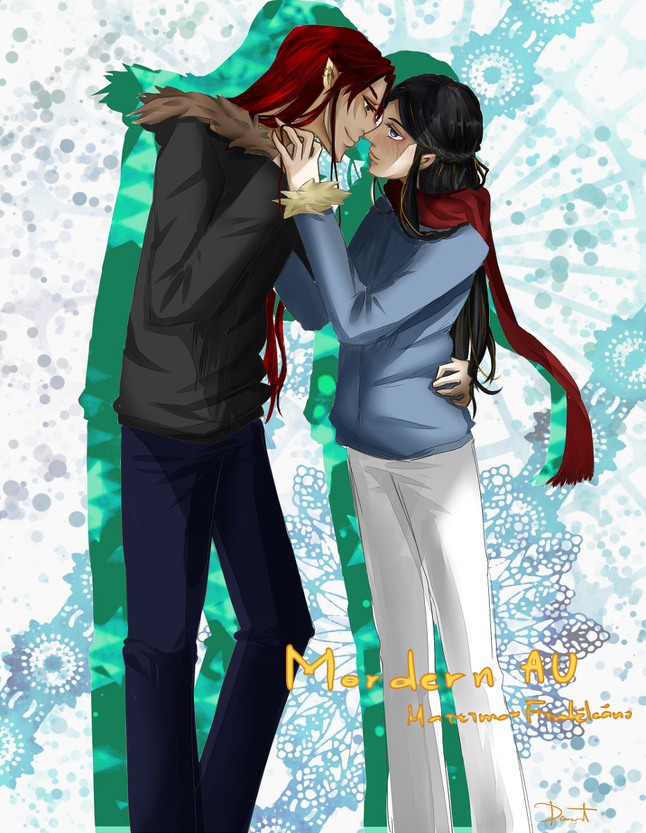 2boys androgynous black_hair blue_eyes braid closed_mouth contemporary cousins darraist elf english_text eyelashes face-to-face fingon fur_trim height_difference highres holding_hands jacket long_hair maedhros male_focus multiple_boys pants pointy_ears red_hair scarf signature the_silmarillion tolkien&#039;s_legendarium white_pants winter_clothes yaoi