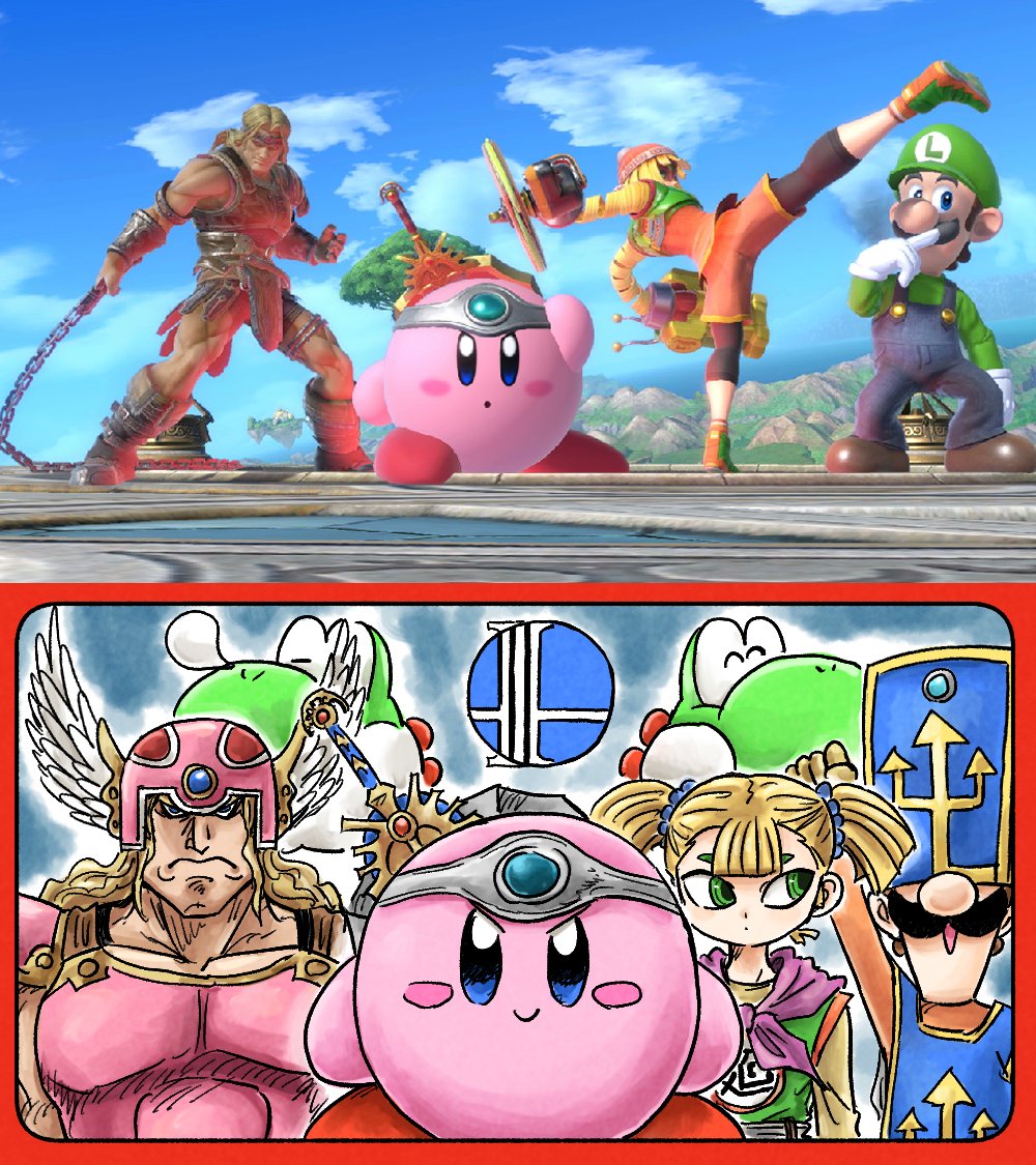 armor arms_(game) blonde_hair castlevania_(series) cosplay dragon_quest facial_hair game_screenshot_inset green_eyes helmet kicdon kirby kirby_(series) long_hair luigi mario_(series) martial_artist_(dq3) martial_artist_(dq3)_(cosplay) min_min_(arms) mustache nintendo priest_(dq3) priest_(dq3)_(cosplay) reference_inset simon_belmont super_smash_bros. warrior_(dq3) warrior_(dq3)_(cosplay) yoshi