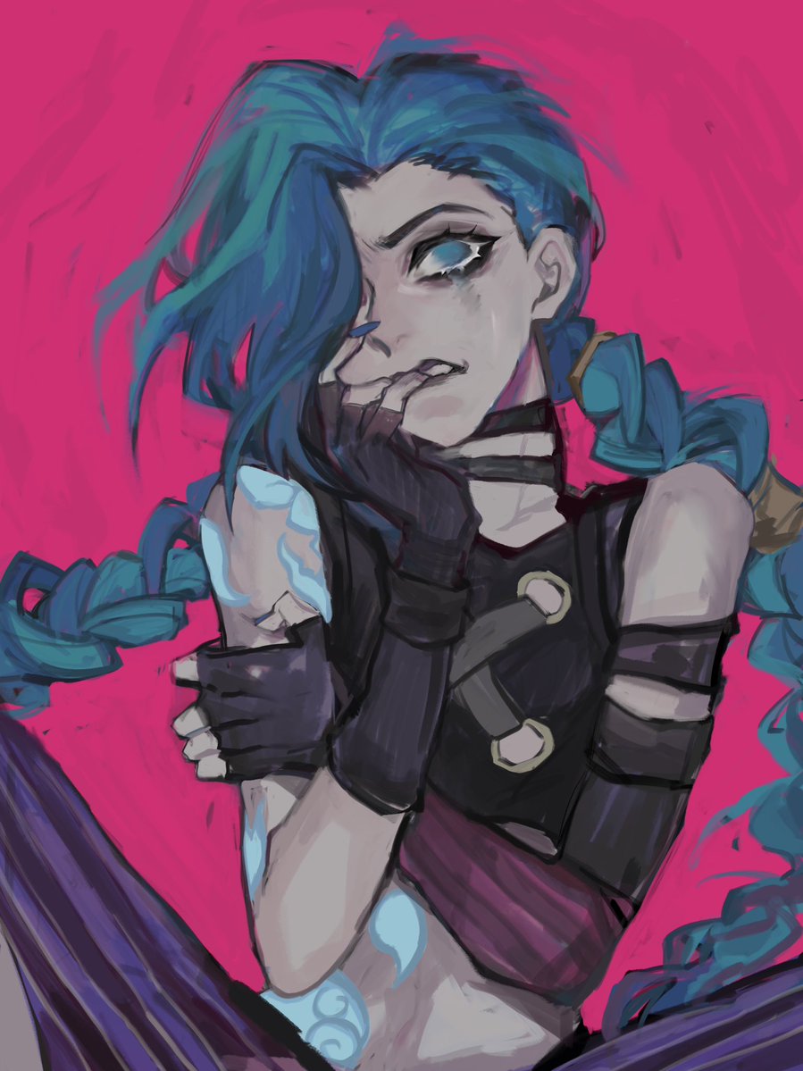 1girl 8h_kt arcane:_league_of_legends arcane_jinx arm_strap arm_tattoo bare_shoulders black_choker black_gloves blue_eyes blue_hair blue_nails choker deep_skin eyelashes finger_in_own_mouth fingerless_gloves fingernails gloves hair_over_one_eye jinx_(league_of_legends) league_of_legends long_hair makeup nail_polish painterly parted_lips runny_makeup shoulder_tattoo solo stomach_tattoo striped tattoo teeth twintails very_long_fingernails