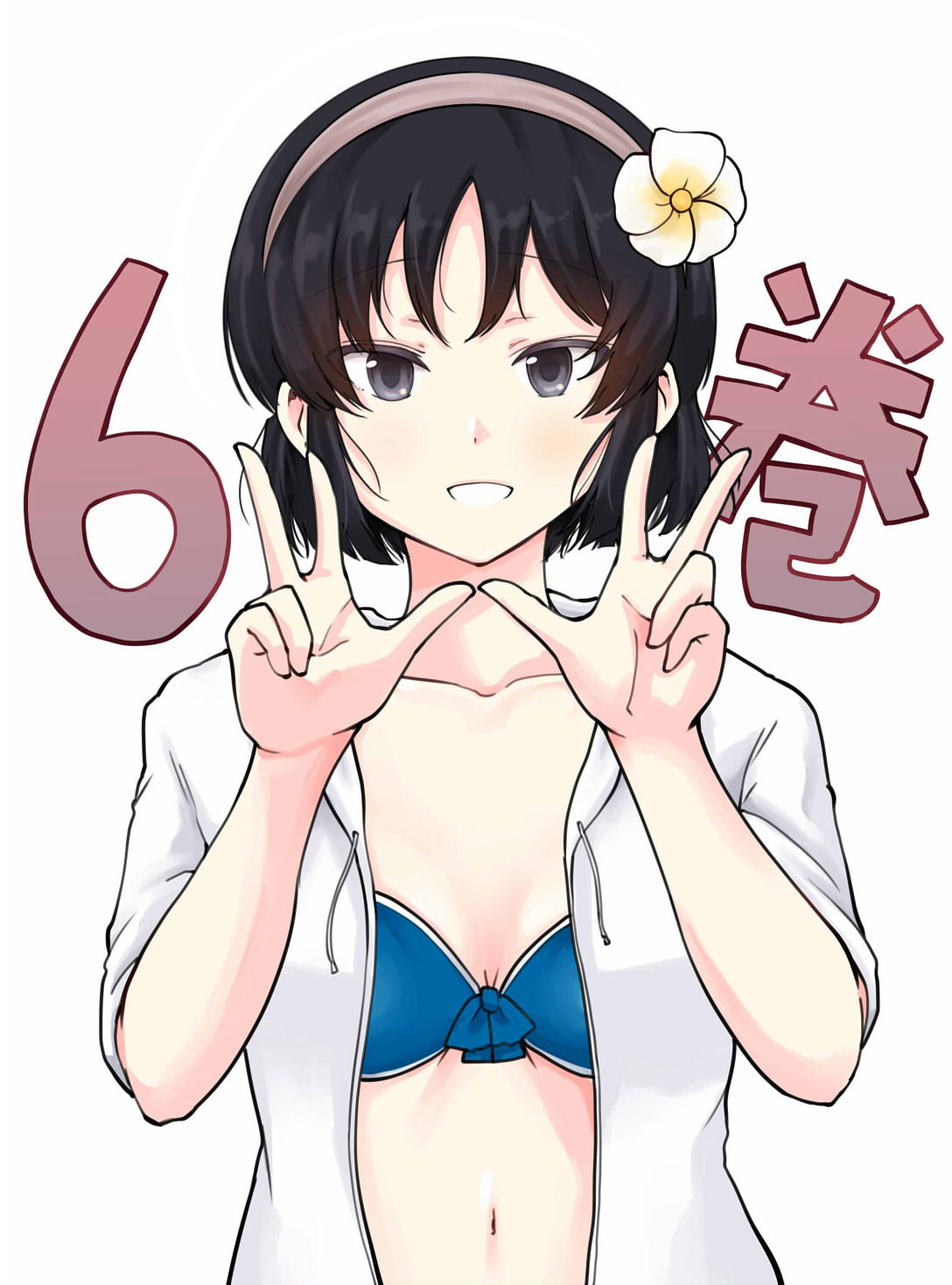 1girl bikini black_eyes black_hair blue_bikini breasts brown_hairband collarbone commentary_request finger_counting flower grin hair_flower hair_ornament hairband hands_up highres jacket kujou_meika looking_at_viewer meika-san_wa_oshikorosenai navel open_clothes open_jacket saitou_shouki short_hair simple_background small_breasts smile solo swimsuit upper_body white_background white_flower white_jacket