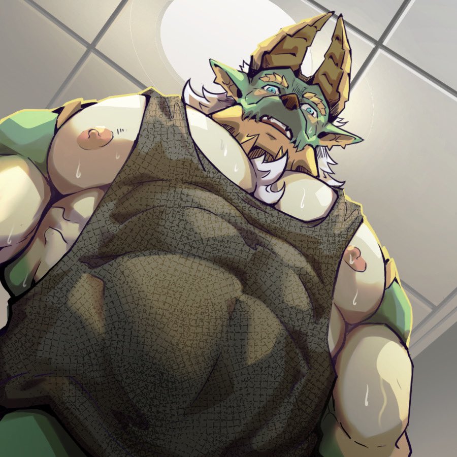 1boy animal_ears bara black_tank_top chest_tuft covered_abs cowboy_shot dragon_boy dragon_ears dragon_horns foreshortening from_below green_fur horns lander_(randa) large_pectorals looking_at_viewer looking_down male_focus meme muscular muscular_male mustache nipple_slip nipples original pectoral_cleavage pectorals photo-referenced short_hair sidepec solo strongman_waist tank_top thick_eyebrows thick_mustache upper_body pec_pov_(meme)