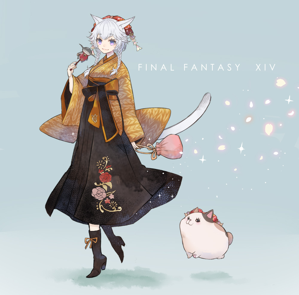 1girl animal_ears bag black_hakama blue_background braid breasts brown_kimono candy cat_ears cat_tail commentary_request copyright_name eyebrows_hidden_by_hair fat_cat_(ff14) final_fantasy final_fantasy_xiv food full_body hakama holding holding_bag holding_candy holding_food japanese_clothes jumping kimono lips medium_hair miqo&#039;te namazu_(mythology) pink_bag purple_eyes ren-co shadow simple_background small_breasts smile solo standing standing_on_one_leg tail taishou thick_eyelashes twin_braids warrior_of_light_(ff14) white_hair