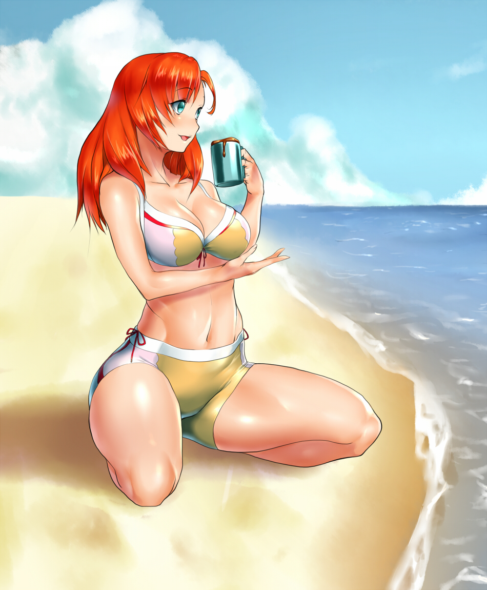 1girl beach blue_eyes breasts cliana_rimskaya coffee coffee_mug cup day female_focus full_body kuramori2gou large_breasts long_hair looking_afar mug ocean open_mouth orange_hair outdoors red_hair smile solo squatting super_robot_wars super_robot_wars_destiny thighs