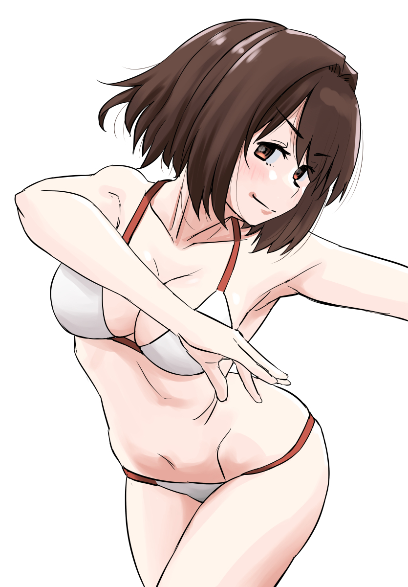 1girl bikini breasts cleavage highres hyuuga_(kancolle) kantai_collection leaning_forward looking_at_viewer medium_breasts navel nekotarou_(nktr299) simple_background solo swimsuit white_background white_bikini
