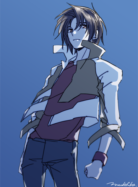 10s 1boy artist_name black_hair blue_background brown_eyes clenched_hand denim high_collar jacket jeans machi_fuka makabe_kazuki male_focus pants short_hair signature simple_background solo soukyuu_no_fafner standing wristband