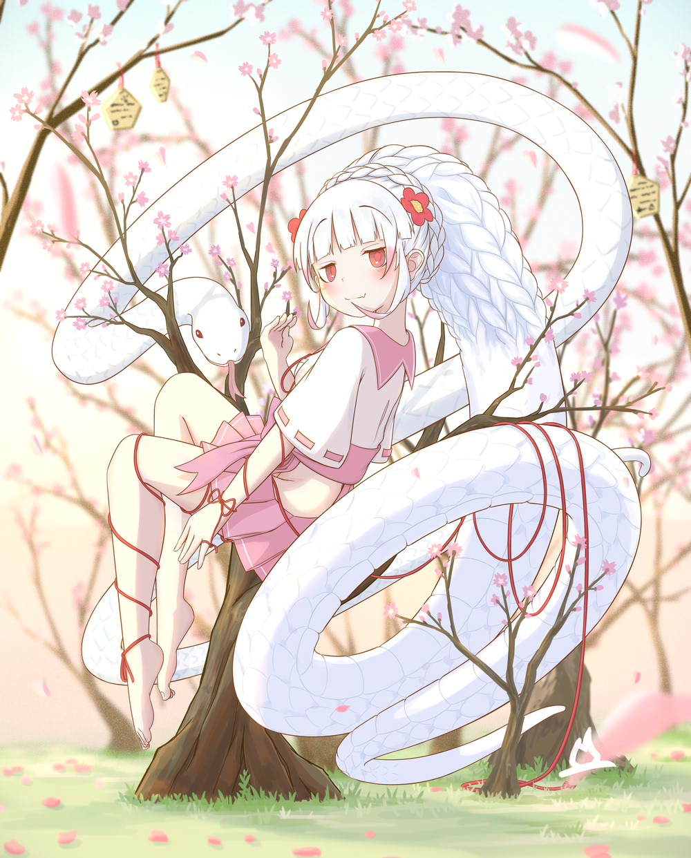 1girl arm_ribbon barefoot blunt_bangs braid byakuda_(kemono_friends) clothing_cutout collar crown_braid flower hair_flower hair_ornament highres in_tree kemono_friends leg_ribbon long_hair looking_at_viewer onefiresticks pink_collar pink_skirt pleated_skirt red_eyes red_ribbon ribbon sailor_collar school_uniform serafuku shirt short_sleeves sidelocks skirt snake snake_girl snake_tail solo t-shirt tail thigh_cutout tree white_hair white_shirt white_snake