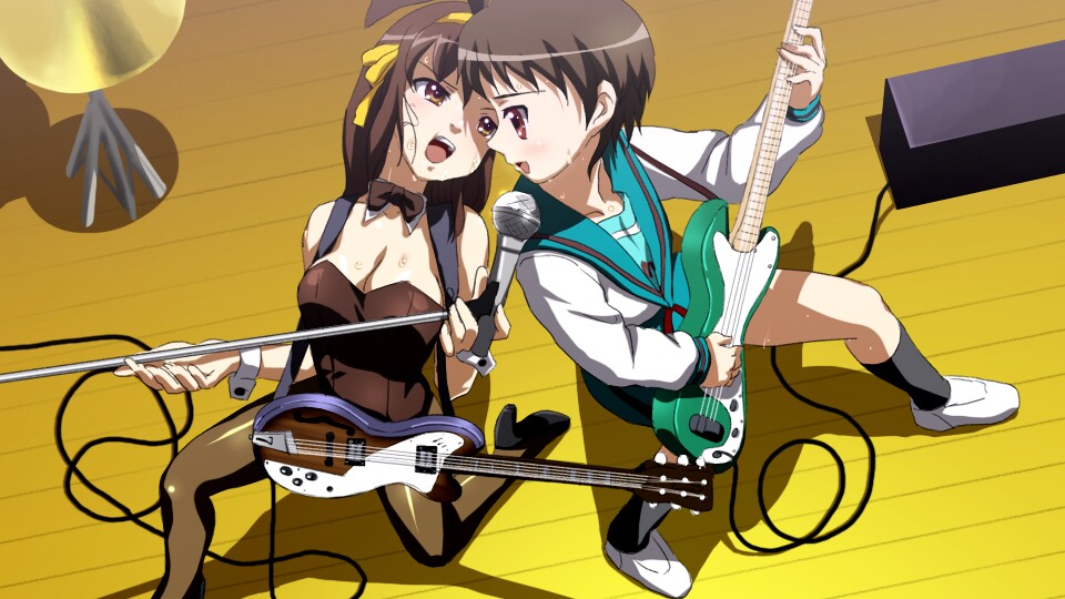 00s 2girls animal_ears band_(music) bass_guitar breasts brown_hair cleavage electric_guitar enoz fake_animal_ears guitar instrument large_breasts leotard multiple_girls music pantyhose playboy_bunny rabbit_ears sanshita school_uniform serafuku short_hair singing suzumiya_haruhi suzumiya_haruhi_no_yuuutsu sweat zaizen_mai