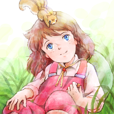 1980s_(style) 1girl ai_shoujo_pollyanna_monogatari blue_eyes braid brown_hair child female_focus freckles looking_up lowres nippon_animation oldschool on_head pollyanna_whittier retro_artstyle sakai_yume solo squirrel twin_braids world_masterpiece_theater