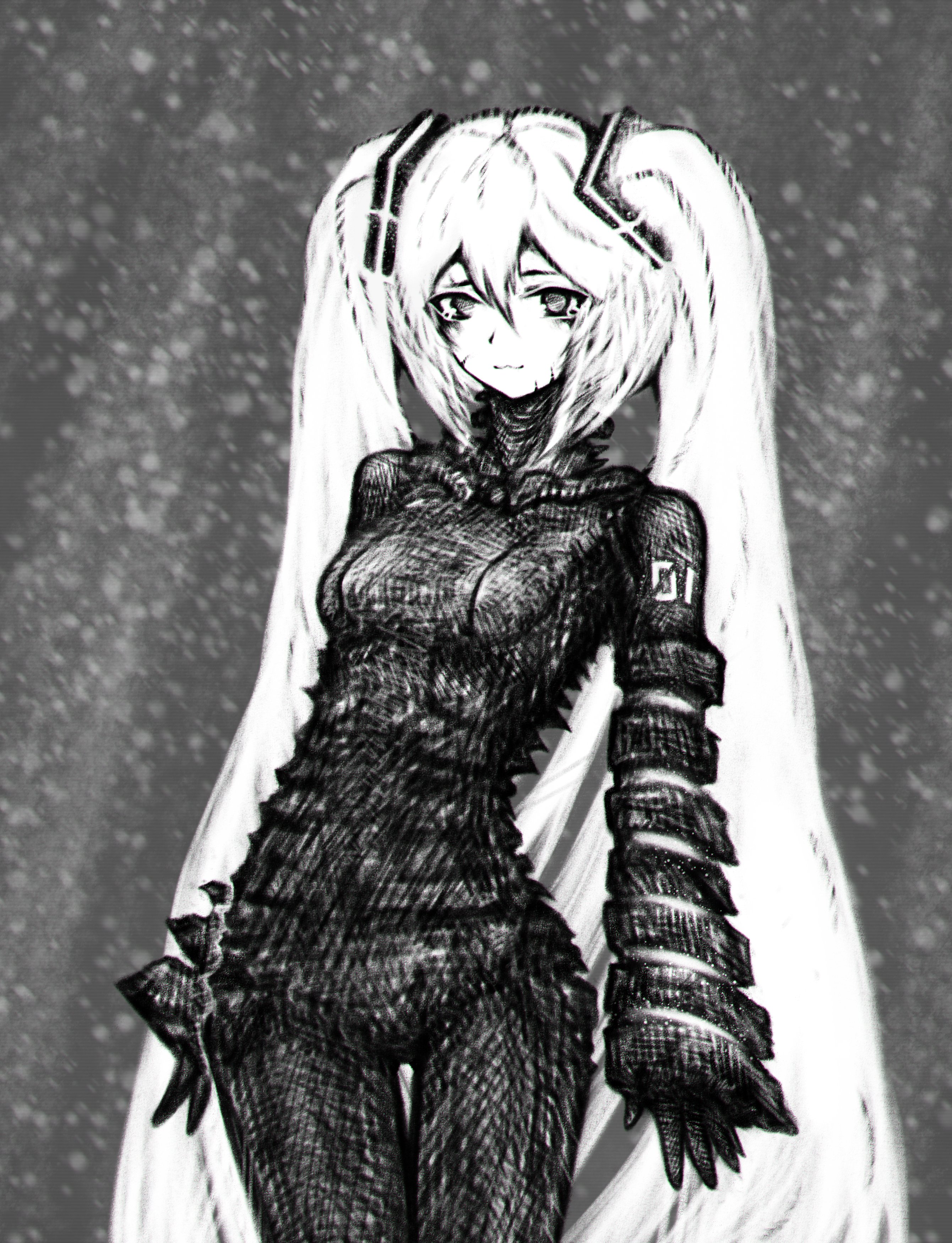 11e10 1girl absurdres black_bodysuit blame! bodysuit commentary cowboy_shot english_commentary grey_background greyscale hair_ornament hatsune_miku highres leaning_back long_hair looking_at_viewer monochrome parody solo standing twintails very_long_hair vocaloid