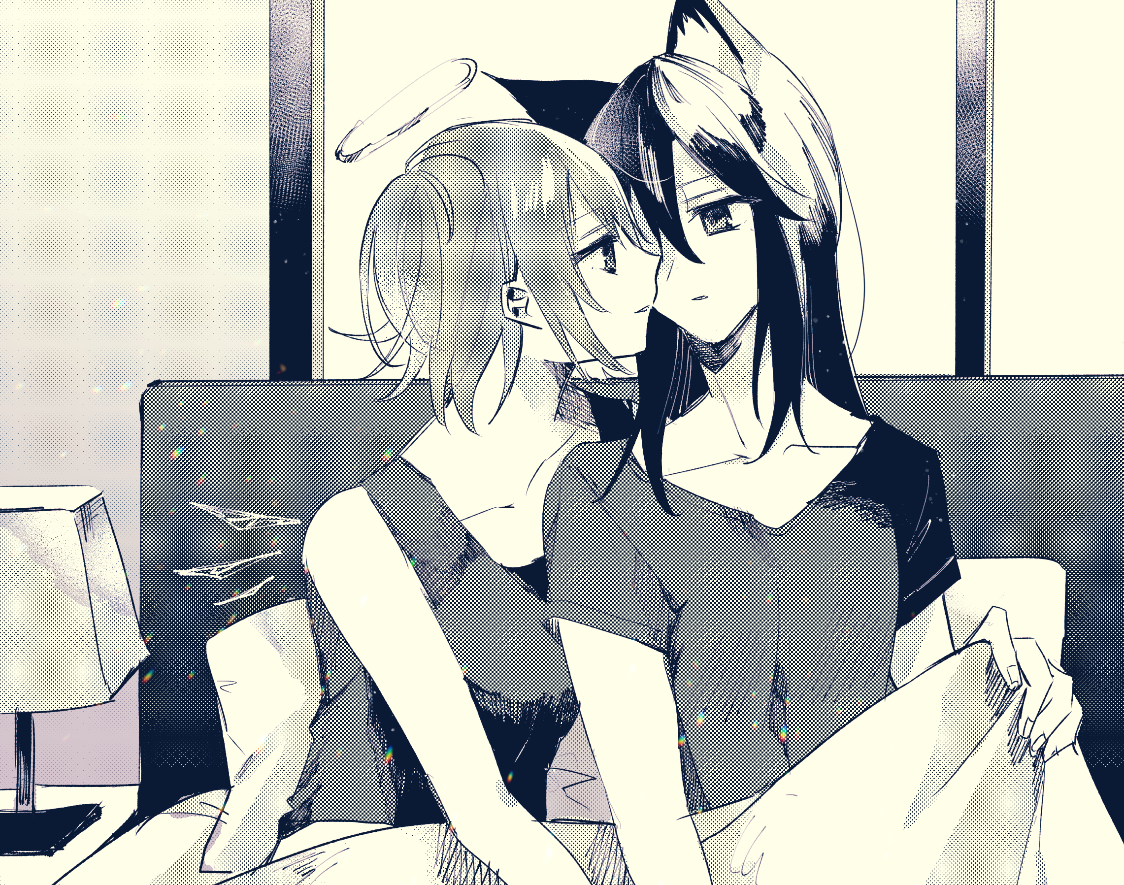 2girls animal_ears arknights bad_id bad_pixiv_id bare_arms bed collarbone commentary energy_wings expressionless exusiai_(arknights) eye_contact face-to-face greyscale halo highres lamp lens_flare long_hair looking_at_another matsuzaka_(matsuzakagyu_29) monochrome multiple_girls parted_lips pillow shirt short_hair short_sleeves smile spot_color t-shirt tank_top texas_(arknights) under_covers upper_body wolf_ears wolf_girl yuri