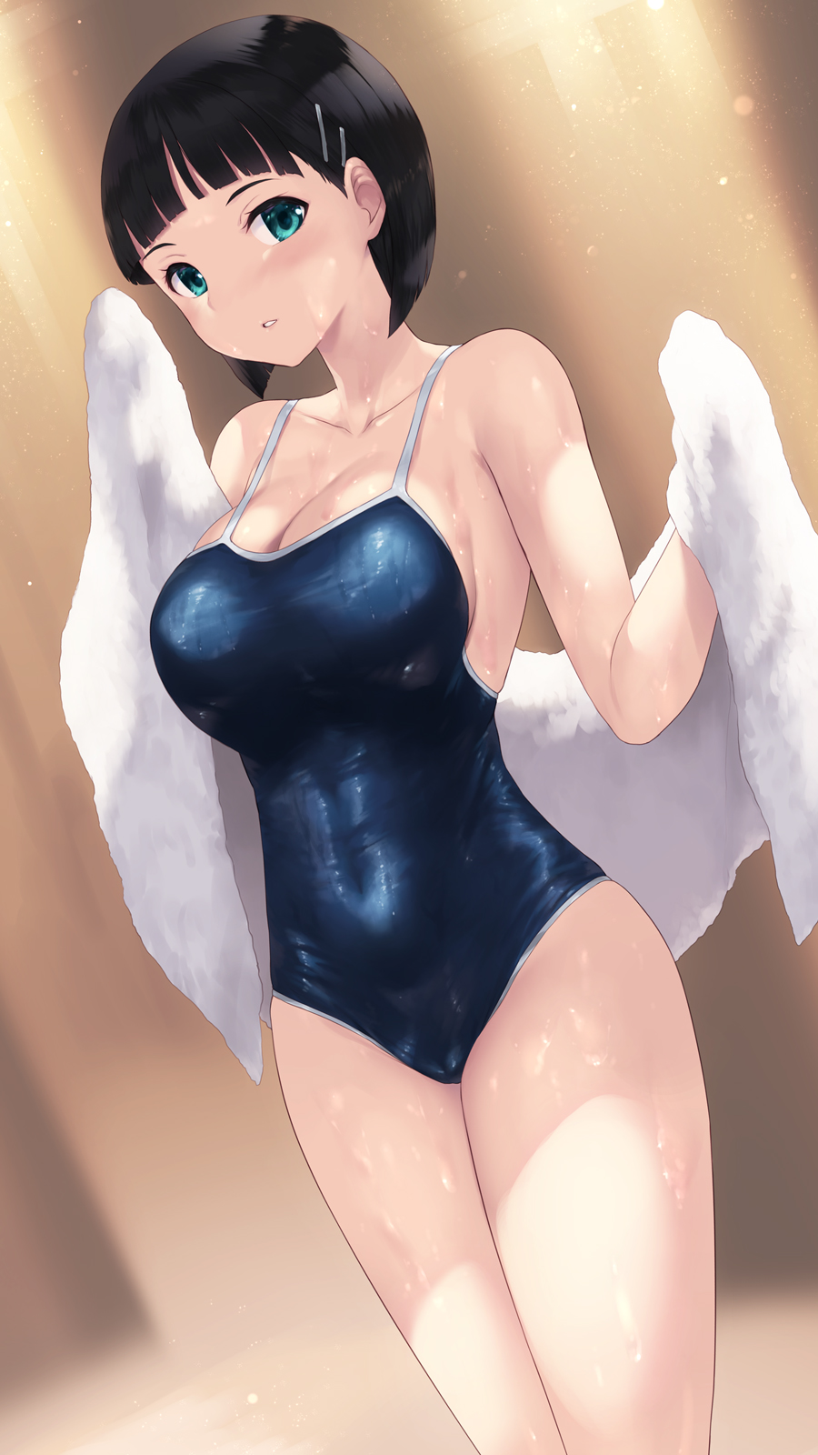 1girl aqua_eyes black_one-piece_swimsuit blunt_bangs blurry blurry_background bob_cut breasts cait_aron collarbone commentary_request covered_navel highres holding holding_towel kirigaya_suguha large_breasts looking_at_viewer one-piece_swimsuit parted_lips school_swimsuit short_hair simple_background solo swimsuit sword_art_online towel wet